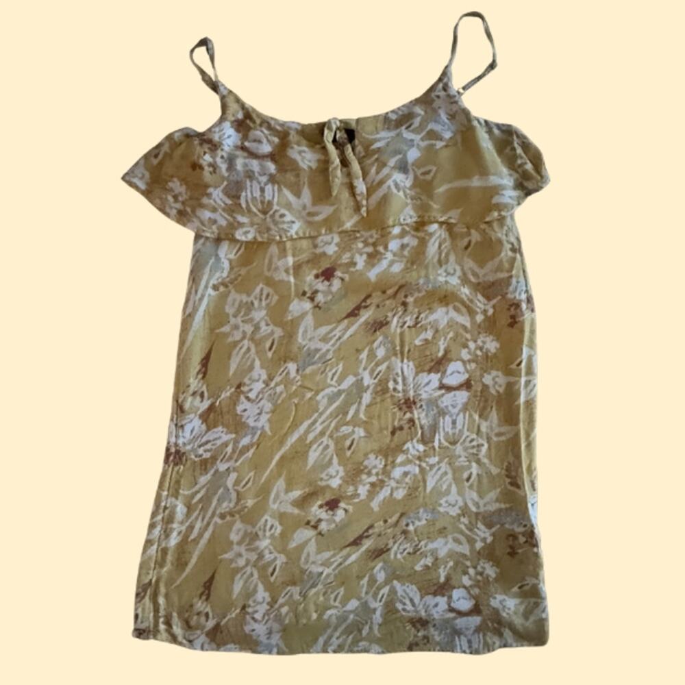 Roxy Floral Ruffle Overlay Cami Sundress Gold Yellow Boho Size 6 Small